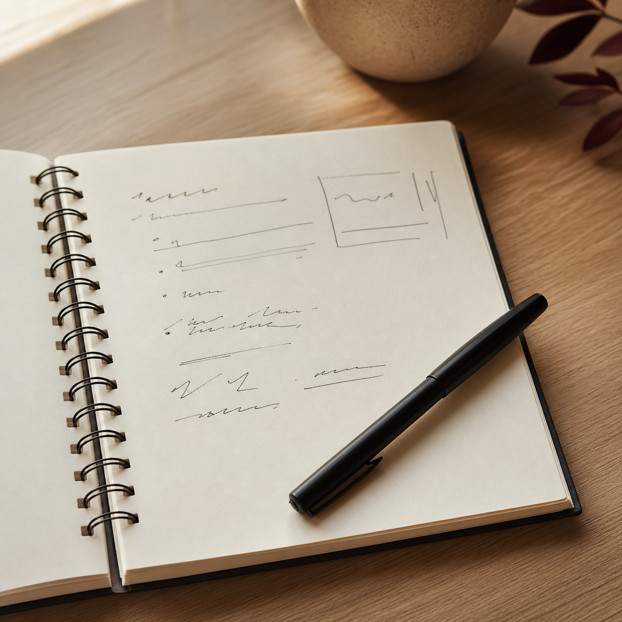 Caderno de planejamento com caneta preta